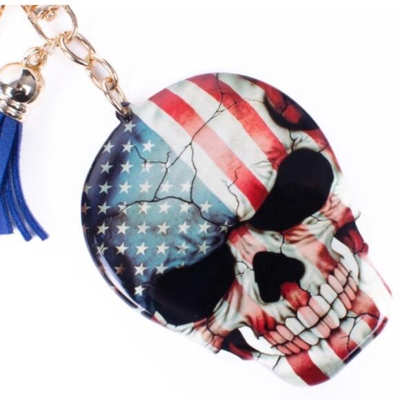 American Flag Skull Tassel Keychain Key Ring Bag Charm - Picture 3 of 4